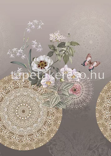 Behang Express Circle of Life vlies anyagú szürke, fehér, zöld, barna színű pillangós, mandala, virágos romantikus tapéta